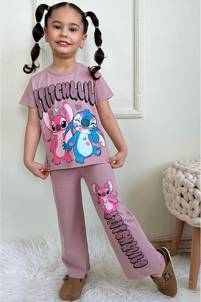 Yağmur Giyim Pjkbp Stitch Pattern Dusty Rose Wide Leg Girl's Short Sleeve Suit 3-10 Years 7619-Gk