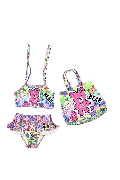 Lolliboomkids Girl's Summer Cute Teddy Bear Cute Bear Printed Bikini Set with Beach Bag 3 Pieces
