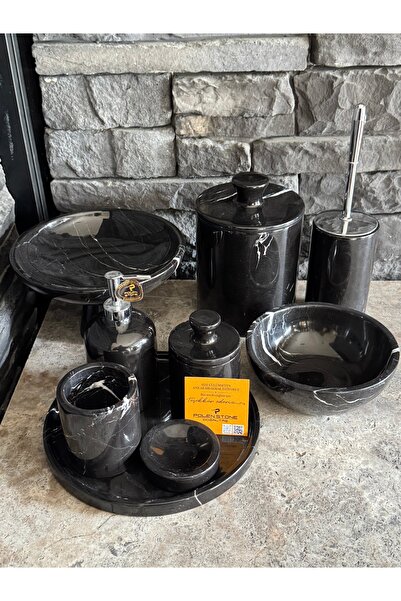 Polen Stone Toros Siyahı Mermer Banyo Takımı - 9 Parça