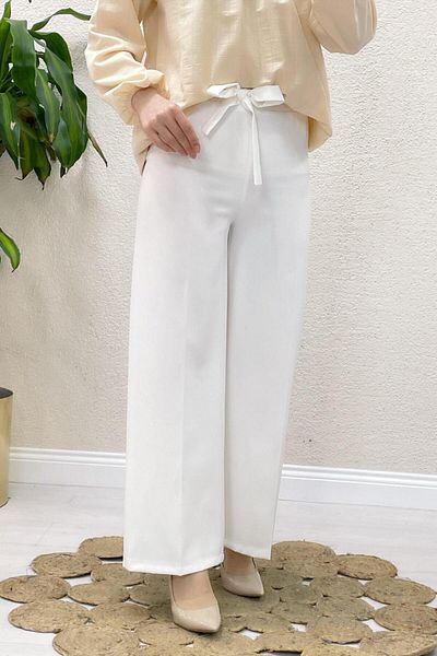 A&O Style Women's White Elastic Waist Belted Wide Leg Crepe Palazzo Trousers