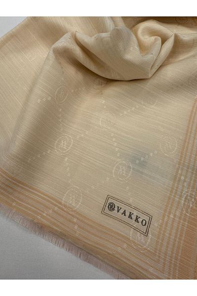 Vakko Monogram Cotton Silk Bordered Shawl 41540-Ecru