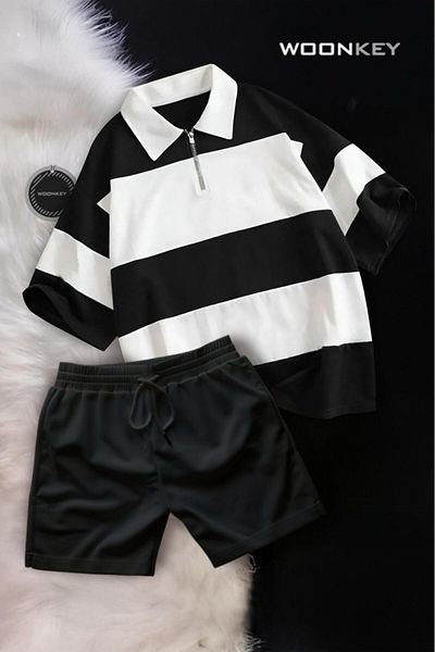 woonkey Unisex Oversized Striped Half Zippered Cotton Summer Polo Collar Shorts 2-Piece Set New Season