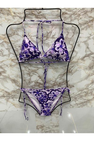 XORVİO Γυναικεία Νέας σεζόν Lycra Stretchy Side and Neck Stylish Drawstring Triangle Purple Bikini Σετ