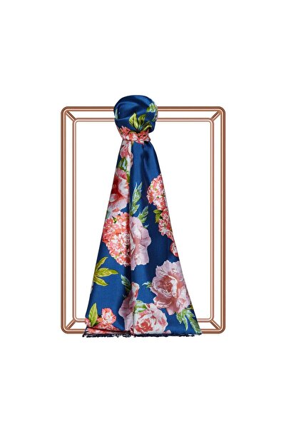 ipekevi Yaz Buketi Desenli İpek Şal 07653-Lacivert