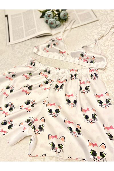 femmefinesse White Cat Women's Rope Strap Lace Bustier Shorts White Cute Cat Satin Nightgown Set