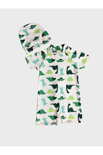 ALİŞ KİDS Boy's Ecru Dinosaur Patterned Boned Short Sleeve Protected Swimsuit
