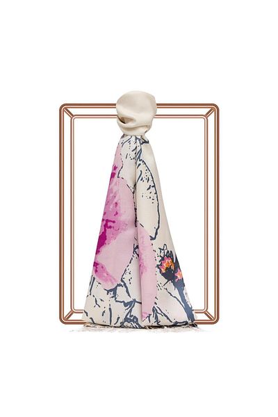 ipekevi İpekevi Wild Rose Silk Shawl 02607-White Fuchsia