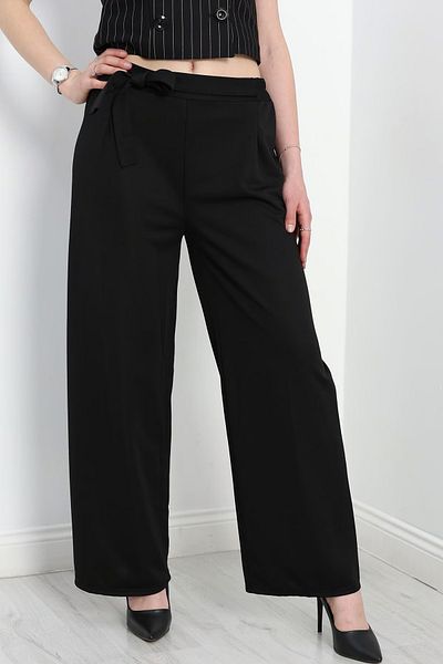 A&O Style Women's Black Elastic Waist Belted Wide Leg Crepe Palazzo Trousers