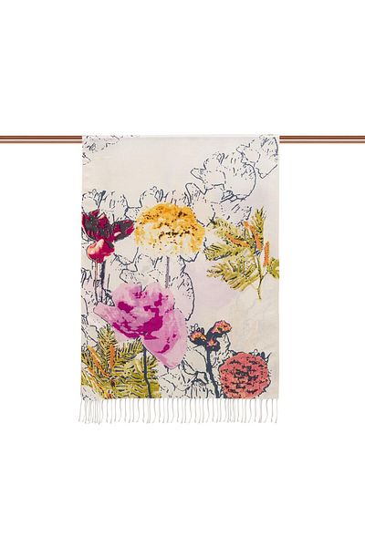 ipekevi İpekevi Wild Rose Silk Shawl 02607-White Fuchsia