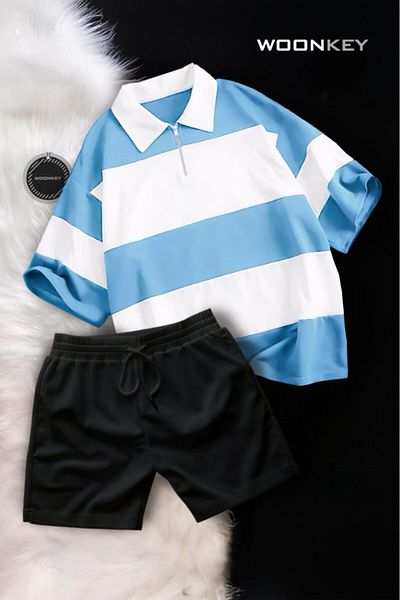 woonkey Unisex Oversized Striped Half Zippered Cotton Summer Polo Collar Shorts 2-Piece Set New Season
