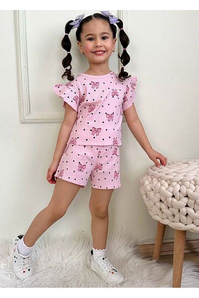 Yağmur Giyim Pjkskt Heart Bow Pattern Pink Twill Ruffled Sleeve Shorts Girl's Short Sleeve Set 7633-P