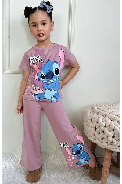 Yağmur Giyim Pjkbp Stitch Pattern Dusty Rose Wide Leg Girl's Short Sleeve Suit 3-10 Years 7617-Gk