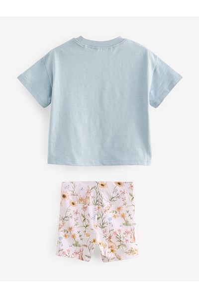 Next Baby Cotton Blue Rabbit Patterned Short Sleeve Leggings Top and Bottom Set