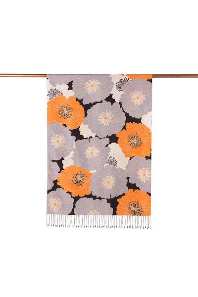 ipekevi Hydrangea Basket Patterned Silk Scarf 05197-Black Orange