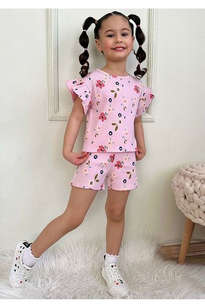 Yağmur Giyim Flower Pattern Pink Twill Fabric Ruffled Sleeves Girl's Short Sleeve Suit with Shorts 7635-P
