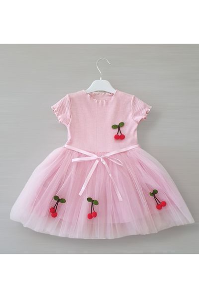 Şirin Şeyler Butiği Lulu Cherry Short Sleeve Baby Girl Kids Cherry Fluffy Tutu Dress Princess Stretchy Lycra Pink