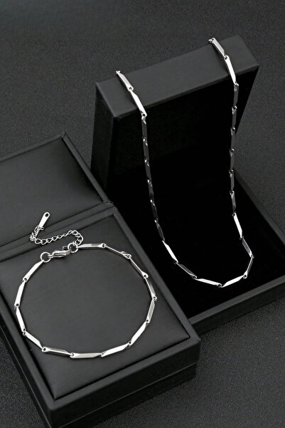 The Collection Paslanmaz Bar Zincir Hybrid Model Gümüş Çelik Kolye Ve Bileklik Seti
