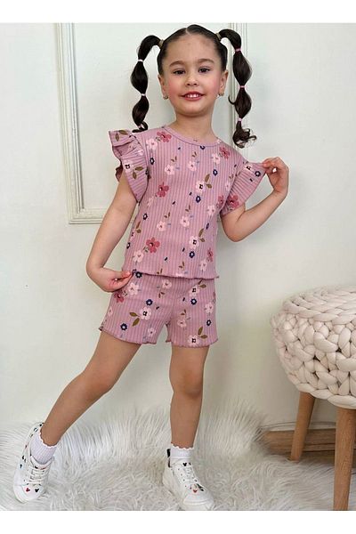 Yağmur Giyim Flower Pattern Dusty Rose Twill Fabric Ruffled Sleeve Shorts Girl's Short Sleeve Suit