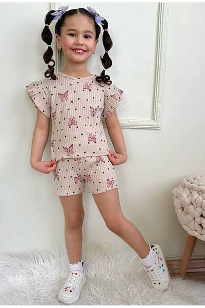Yağmur Giyim Pjkskt Heart Bow Pattern Beige Twill Ruffled Sleeve Shorts Girl's Short Sleeve Set 7633-B