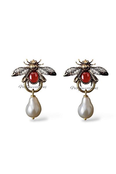neslyaccessories Nesly Accessories - Red Stone Bee Earrings |   Showy Design with Pearl Detail