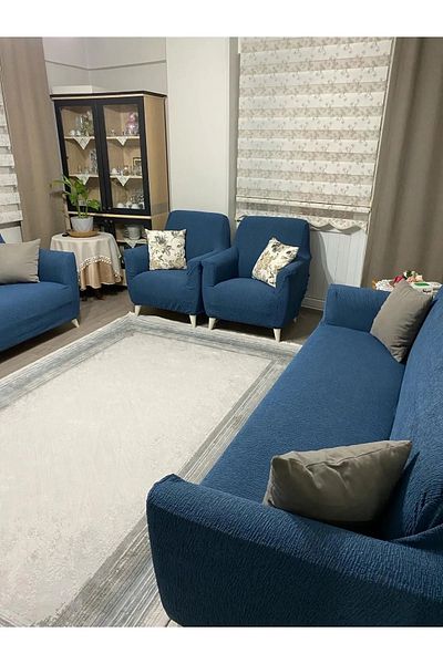 TUCHMALL Jacquard 3 3 1 1 Elastic Sofa Cover |   Elastic Seat Cover |   Seat Cover Set Petrol Blue