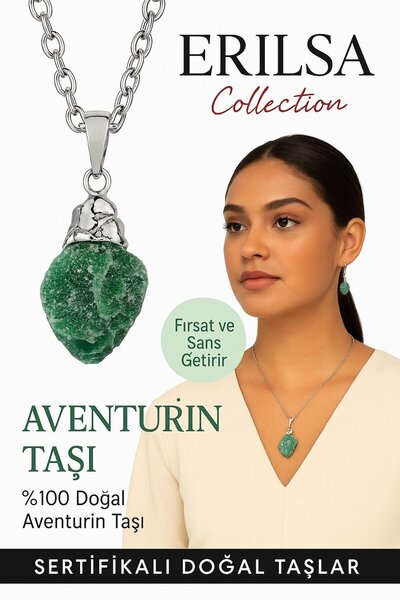 Erilsa Sertifikalı Ham İşlenmemiş Aventurin Taşı Kolye – Şans, Bolluk ve Kalp Dengeleyici Doğal Taş