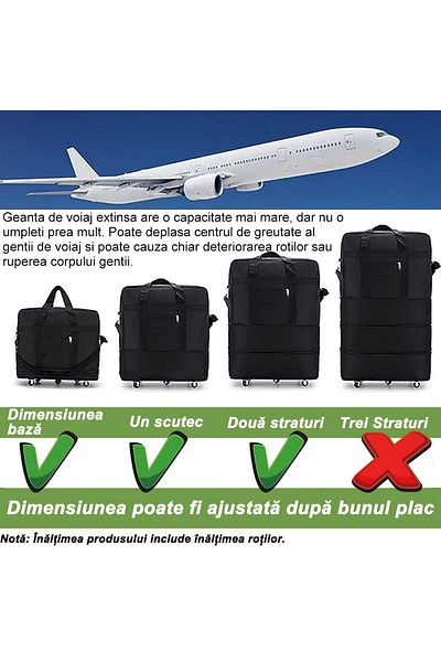 OEM Geanta de voiaj pliabila 45L-95L, extensibila pe 3 niveluri, cu 5 roti, unisex, culoare neagra.