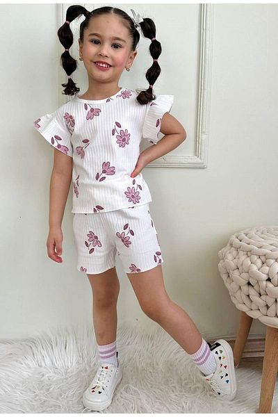 Yağmur Giyim Pjkskt Flower Pattern Ecru Twill Fabric Ruffled Sleeve Shorts Girl's Short Sleeve Set 7634-E