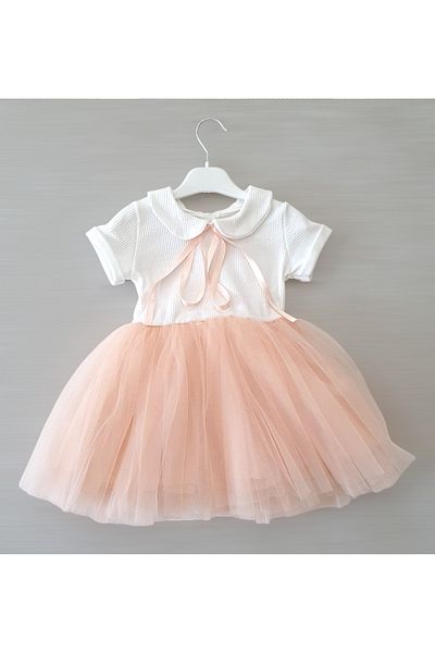 Şirin Şeyler Butiği Rochie tutu umflată prințesă pentru fetiță cu mânecă scurtă Perla Guler pentru bebeluș Lycra elastică alb somon