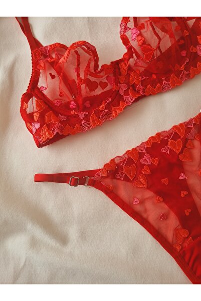Demirsa Boutique Red Heart Patterned Lace Bralet Bra Set