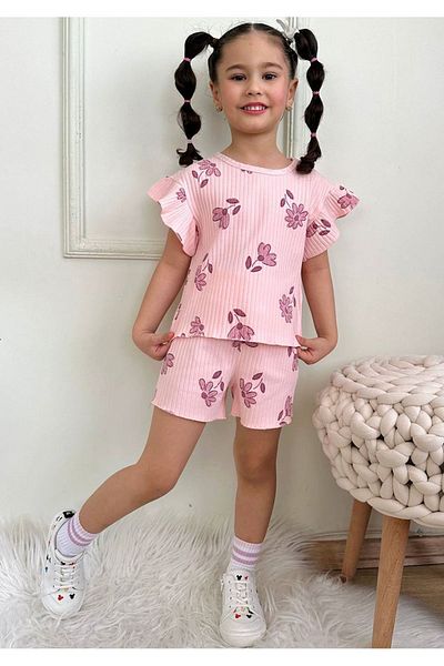 Yağmur Giyim Pjkskt Flower Pattern Salmon Twill Ruffled Sleeve Shorts Girl's Short Sleeve Set 7634-S