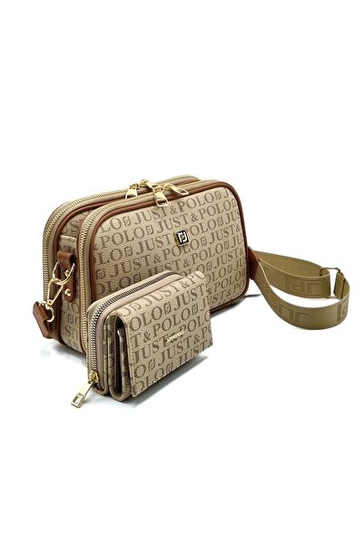 Just Polo JP طقم حقيبة كتف ومحفظة كتف وحقيبة كتف نسائية بطبعات مونوغرام مكونة...