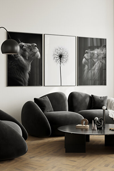 Home Baba ve Yavru Aslan 3'lü Siyah Beyaz Set, Oturma Odası Dekoru, Salon Dek...