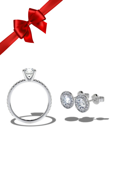 CARAT STONE Işıklı Kutuda 1 Carat Kadın Gümüş Yüzük Ve Çift Küpe (PIRLANTA IŞILTILI)