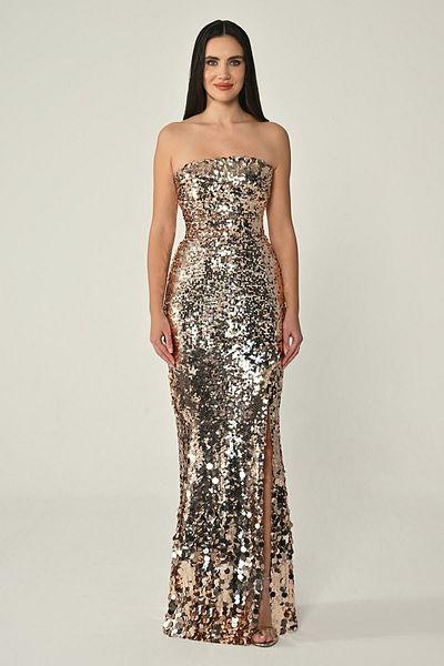 ALFABETA Women Body Hugging Sequin Sequin Long Stylish Copper Evening Dress & Graduation Dress Ab7079-Copper