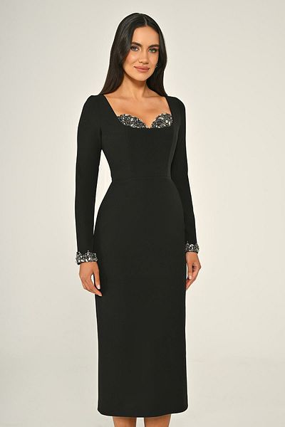 ALFABETA Women's Arm Tip and Chest Stone Details Long Arm Body Hugging Long Length Black Evening Dress & Graduation Dress