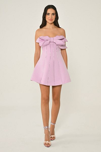 ALFABETA Women's Strapless Short Big Bow on the Chest Lilac Evening Dress & Graduation Dress Ab6981-Lila
