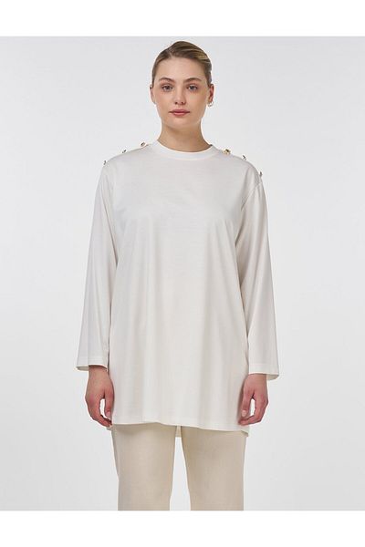 Kayra Button Detailed Combed Cotton Tunic Optical White
