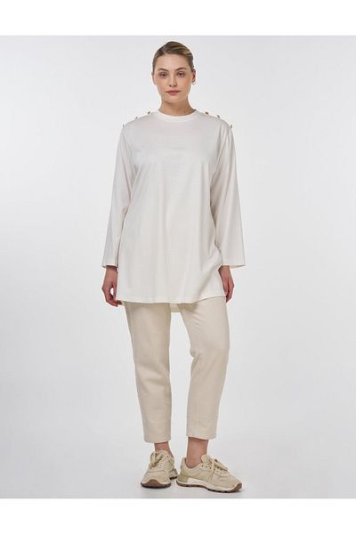 Kayra Button Detailed Combed Cotton Tunic Optical White