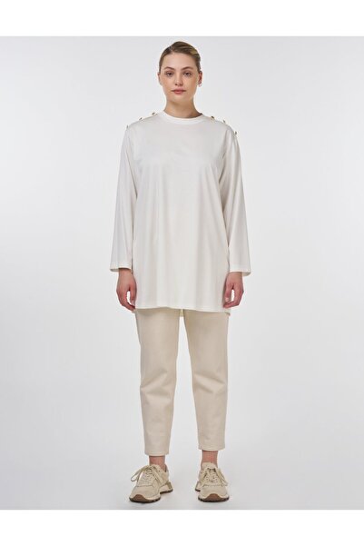 Kayra Button Detailed Combed Cotton Tunic Optical White