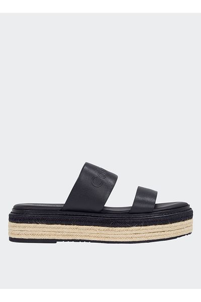 Calvin Klein Women's Thick Heel Straw Heel Double Strap Comfortable Black Slippers Hw0Hw02374-Beh