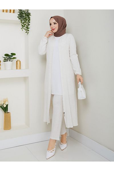 Efelif Ecru Elegant Pocketed Zippered Double Suit Mf-2310