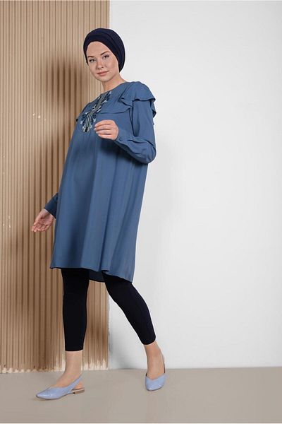 Alvina Shoulder and Embroidery Detail Shoulder Tunic with Volan 4120