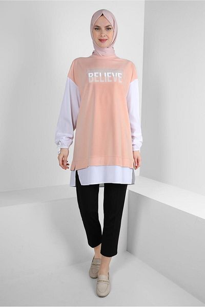Alvina 43664 Model Text Printed and Garnished Tracksuit Tunic