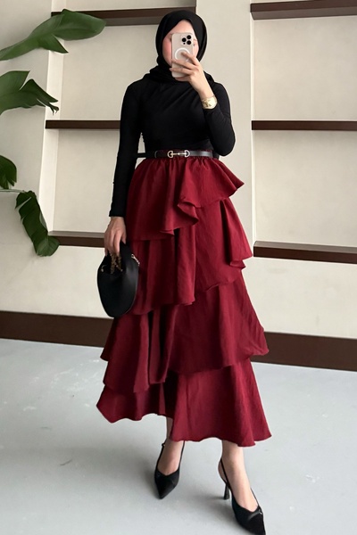 InStyle Βολάν στρώσεις μακριά φούστα μπορντό