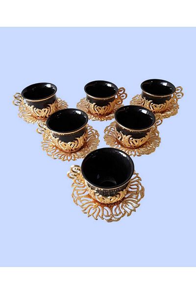 kapadokyahediyelik Turkish Coffee Presentation Set Simple Black Patterned for Six People