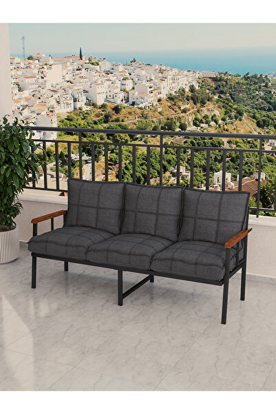 Mygusi Modern Balkon, Bahçe, Cafe, Metal Koltuk, Kanepe Üçlü - Koyu Gri