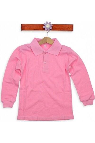 Nacar Pembe Polo Yaka Uzun Kol Çocuk Genç Okul Tişört