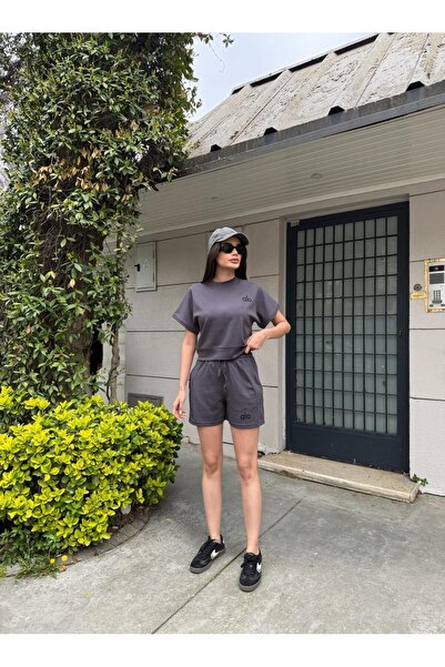 LE CARAMBOLE Women's Anthracite Modal Fabric Embroidered T-Shirt and Shorts Two-Piece Bottom Top Set