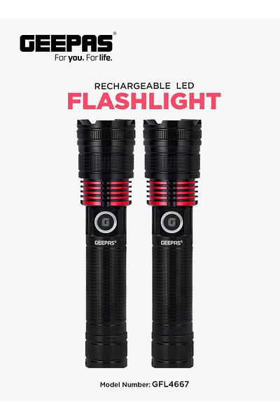 Geepas 2 in 1 Rechargeable LED Flashlight with Aluminum Housing, Lithium Battery, 15W High Power LED